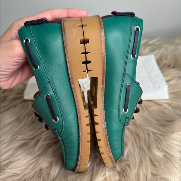 Authentic NWOT Gucci Boy Toddler Green Leather Loafer w/Red Tiger Print - Picture 6 of 7